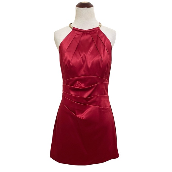 Eliza J Red Satin Ruched Cocktail Dress 8 Formal Knee Length Halter Evening Wear - Picture 2 of 8